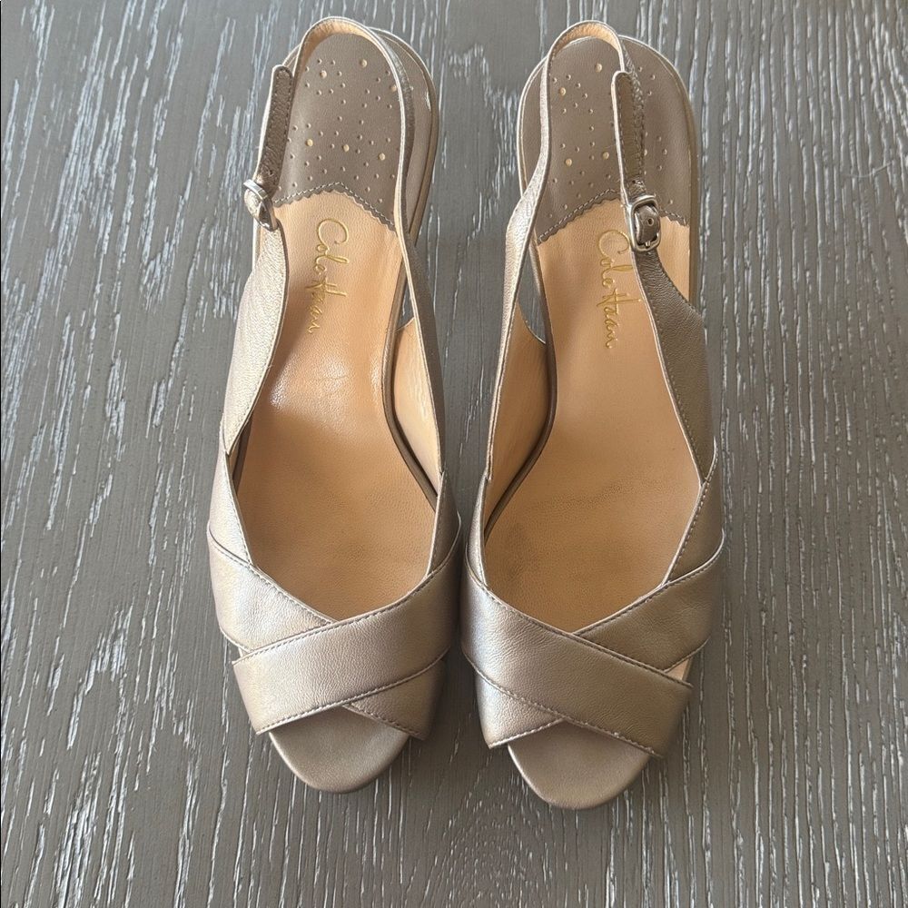 Cole Haan NIKE AIR Elegant Leather Light Pewter Open-Toe Slingback Heels Size 10 - Picture 2 of 12
